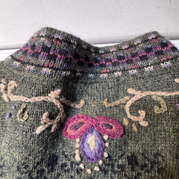Icelandic Design Embroidered Wool Jacket Coat Womens L Green Floral Sweater Zip - Picture 10 of 13